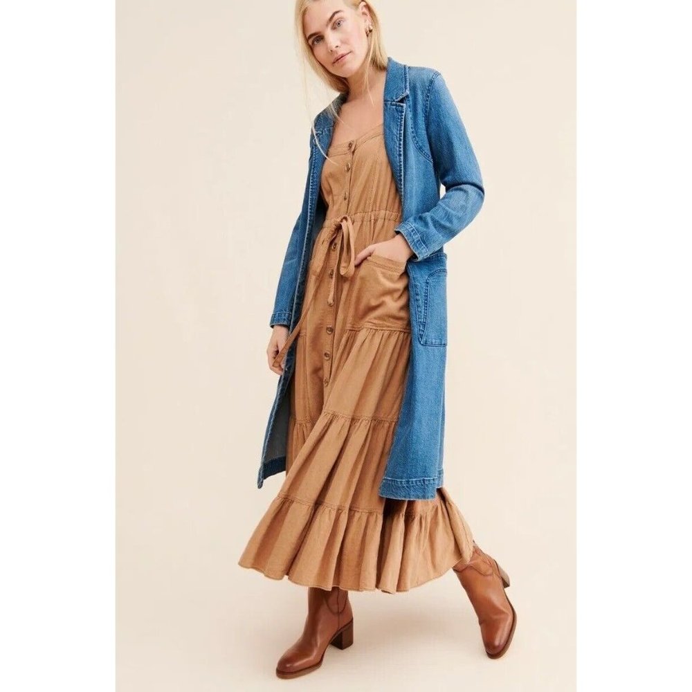 NWT Free People Catch The Breeze Midi Dress sz M medium Linen Amber Waves Tiered - Picture 8 of 14